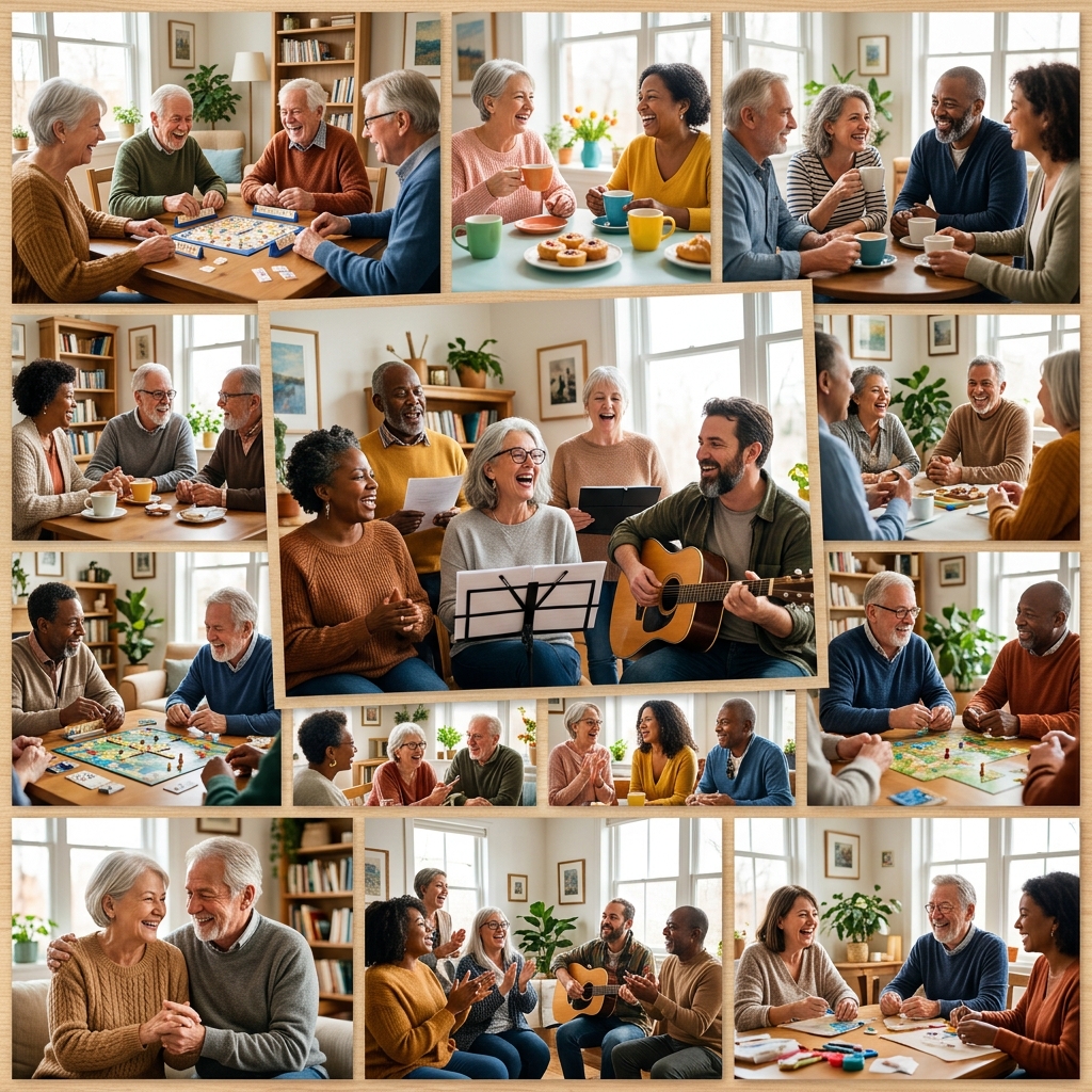 Mosaico de adultos e idosos praticando clube-longevus no Espaço Longevus