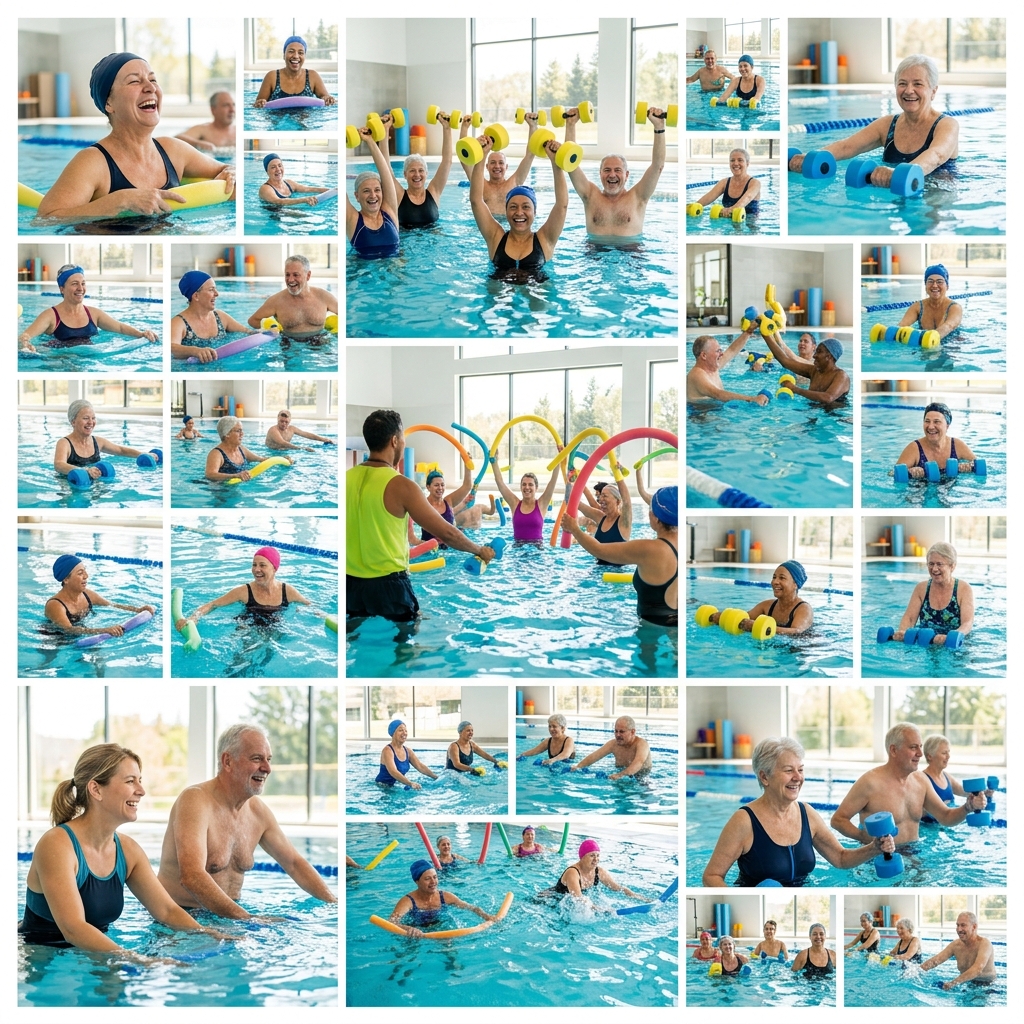 Mosaico de adultos e idosos praticando hidroginastica no Espaço Longevus