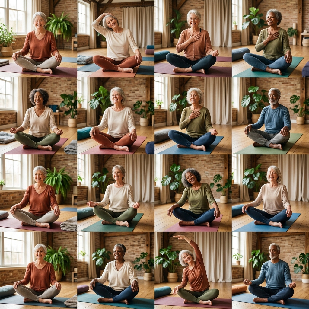 Mosaico de adultos e idosos praticando yoga no Espaço Longevus